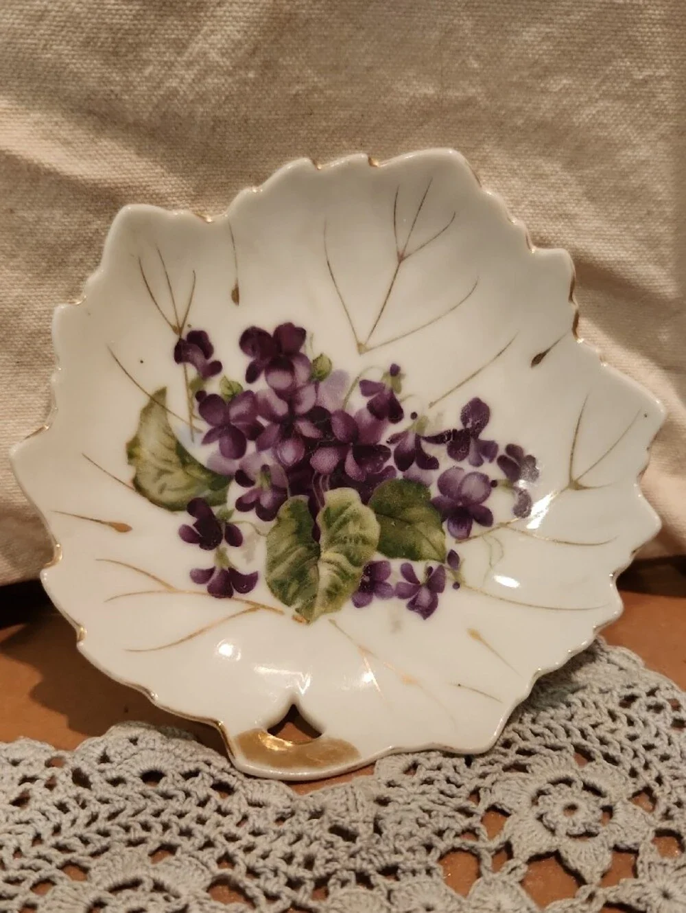 White Porcelain Decorative Dish Or Butter Pat with Purple Violet Floral Design
